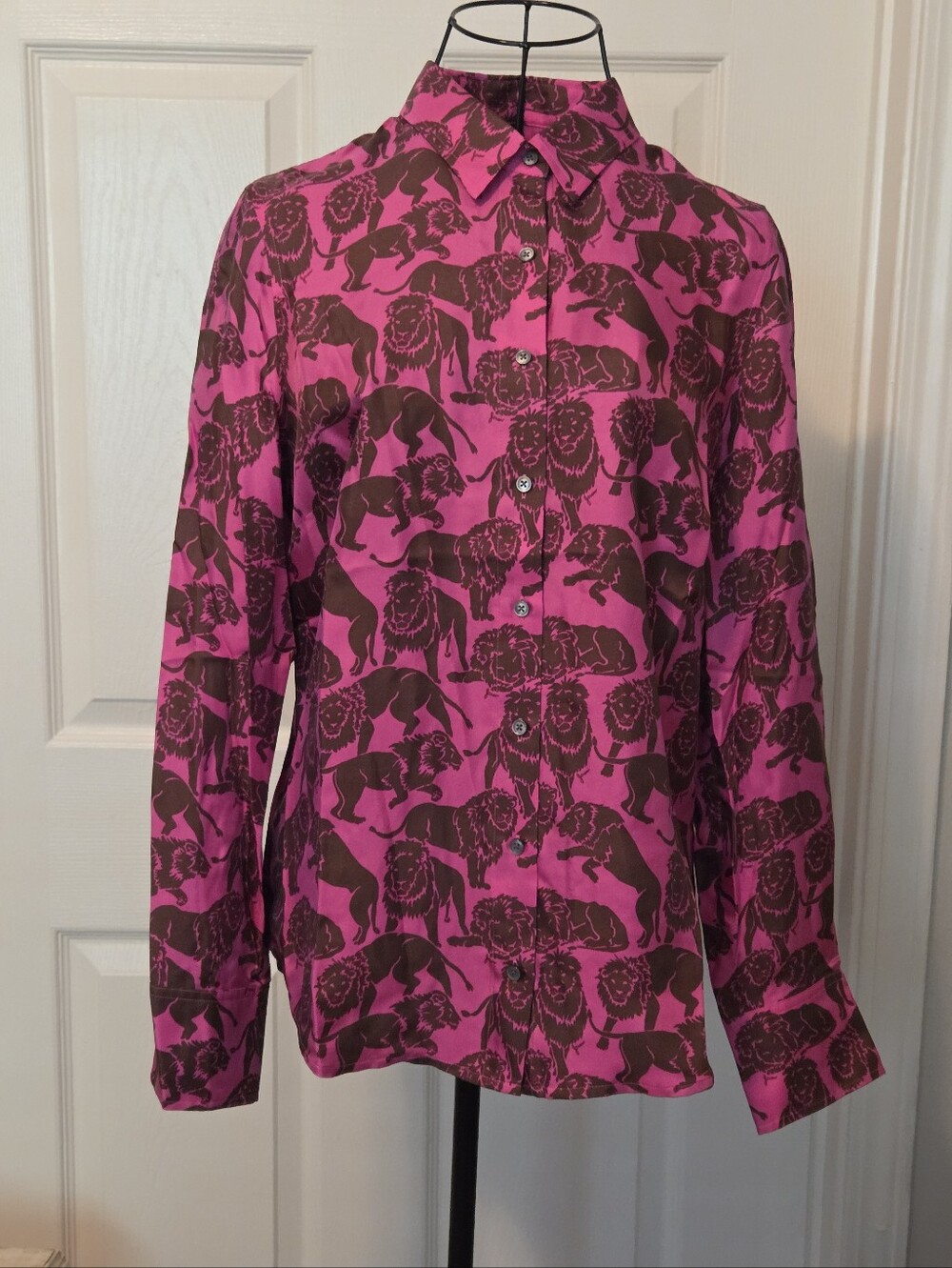 NWT J.CREW SIZE 6 COLLECTION SILK PINK & BROWN SLEEPY LIONS SHIRT